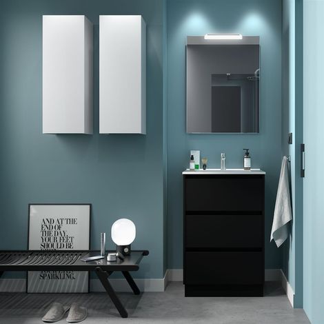 Badezimmermöbel NOJA 600 3 Schubladen BLACK SATIN + Waschtisch (1/2)