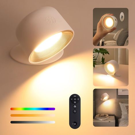 Wandleuchte für Wohnzimmer und Flur: Kabellose Innenwandleuchte mit Fernbedienung, 3 Helligkeitsstufen, 16 Farben, wiederaufladbarer LED-Lampe, 360° drehbar, ideal für Schlafzimmer und Flur. (Rund, we (1/5)