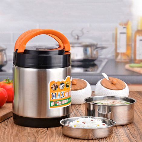 Boîte à lunch isotherme en acier inoxydable à trois compartiments, 1800 ml, idéale pour conserver la chaleur. (1/5)