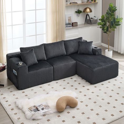 Canapé modulable 2 places avec méridienne en velours côtelé gris – 257×90–160×62 cm, livré monté