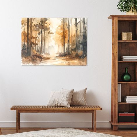 Wandbild Herbstlicher nebliger Wald Aquarell Waldlandschaft im skandinavischen Stil 60x40 (1/4)