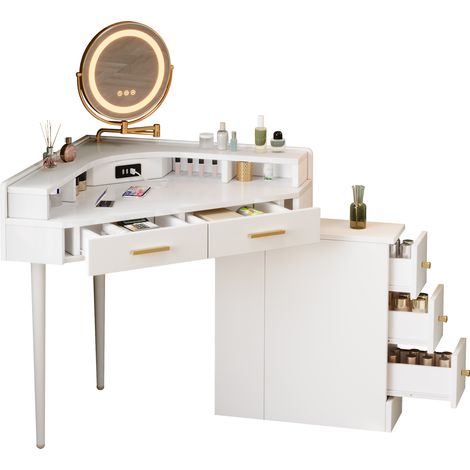Coiffeuse d’angle, coiffeuse moderne avec miroir LED pivotant (intensité lumineuse réglable), 5 tiroirs, ports USB et USB-C, blanc - B105.5 x T75 x H120 cm