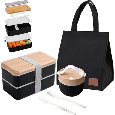 Bento Lunch Box, 1400ml Hermétique Boite Repas avec Sac Isotherme et Mug Soupe et Couverts, Lunchbox Micro Ondable, étanche Bento Adulte Enfant Travail école Bureau Pique Nique (Noir) (1/5)