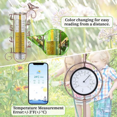 lalago Pluviomètres, Pluviomètre en Métal en Forme D'oiseau de Jardin avec Thermomètre, Pluviomètre Exterieur Pluie Tube de Mesure, Pluviomètre en Verre pour Décoration de Pelouse Cour Jardin (1/4)