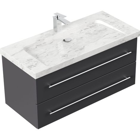 Badmöbel Marmor Carrara White Damo 100 cm 1 Hahnloch SoftClose anthrazit