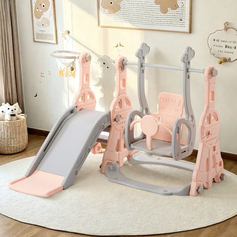 Aire de jeux pour enfants 4 en 1, Toboggan + Balançoire + Panier de Basket, Structure de Jeu Intérieure Extérieure,140x118x102cm, HDPE, Rose (1/5)