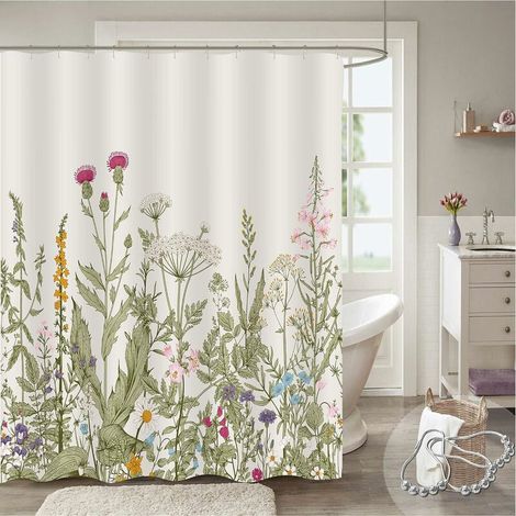 Extra Long Shower Curtain 72 x 72 Long, Vintage Floral Tall Shower Curtain Fabric, Colorful Spring Wildflower Grass Boho Plant Aesthetic Shabby Chic Decor Shower Curtain (1/5)