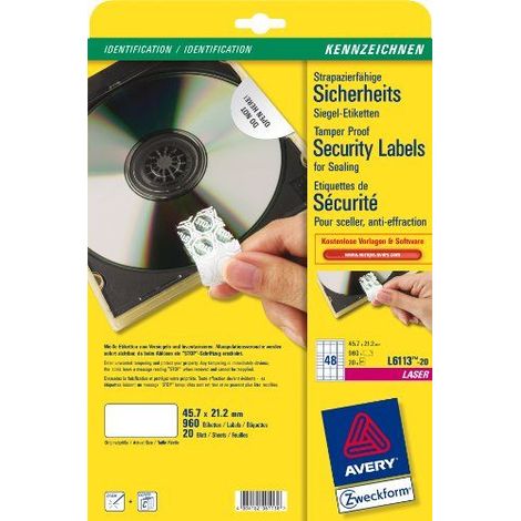 Avery Anti-tamper Label - Nicht ablösbare Polymeretiketten - weiß - 21,2 x 45,7 mm - 960 Stck. (20 Bogen x 48) (L6113-20) (L6113-20) (1/2)