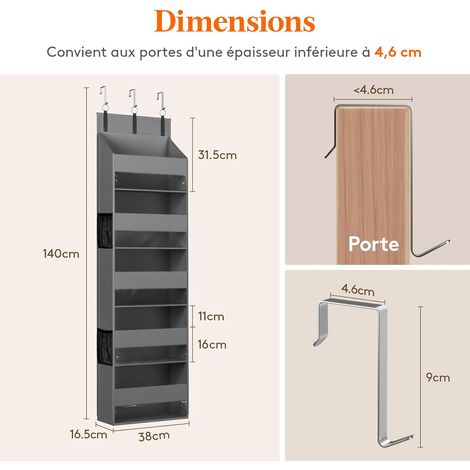 Hängeaufbewahrung mit 5 Regalen, 3 Haken, Hänge-Organizer mit 4 Seitentaschen, wandmontierte Tür-Hängeregale für Schlafzimmer, Badezimmer, Küche, Van, Camping, 1 Packung, grau