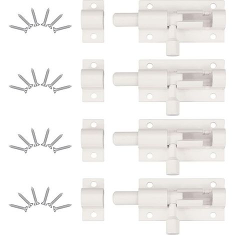 Verrou de porte intérieure 4 pièces blanc – loquet coulissant pour portail, cabanon ou WC, fixation avec 24 vis (63 × 25 mm) (1/5)