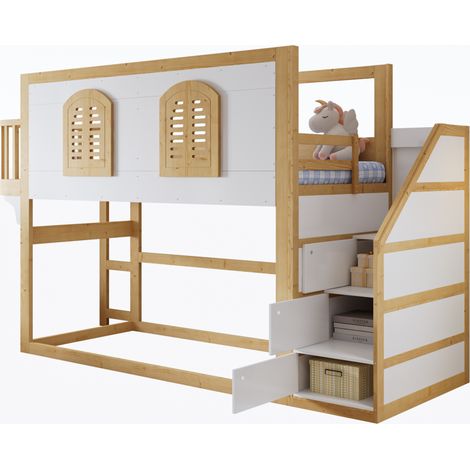Lit mezzanine enfant 90x200 cm avec escalier de rangement, espace de jeu et fenêtres, bois clair et blanc, sommier à lattes, chambre enfant  CHICFURN (1/5)