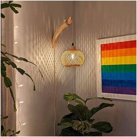 Vintage Wandleuchte aus Holz für den Innenbereich mit Stecker und Schalter, E27 Retro-Bambuslaterne, Rattan-Nachttischlampe für Schlafzimmer und Wohnzimmer (Leuchtmittel nicht enthalten) (1/5)