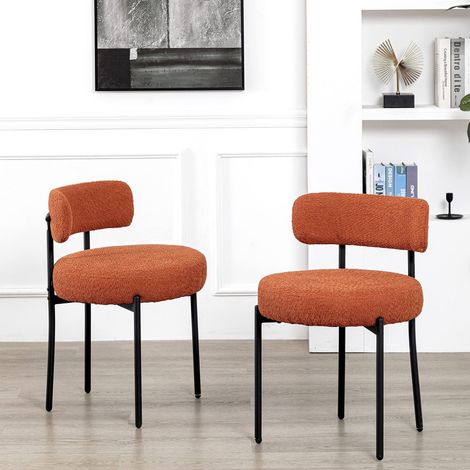Chaise de Salle à Manger Orange en Tissu Bouclette, Chaise à Dossier Bas, Pieds Métalliques Noirs, Chaise de Repas Moderne pour Cuisine (1/5)