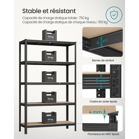 Songmics – Lot de 2 rayonnages étagère charge lourde 5 niveaux – Capacité 750 kg – Dimensions 60 x 120 x 200 cm – Structure en acier antirouille — vue 3