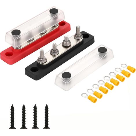 1 Paire Barre omnibus à 4 positions DC 12-48V 100A,bornier de distribution d'alimentation de batterie à 4 voies avec couvercle transparent (1/5)