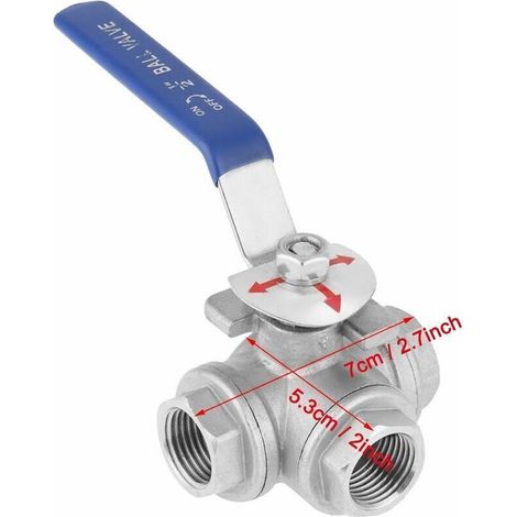 Robinet à boisseau sphérique 1/2'' en acier inoxydable SUS304 – Vanne à trois voies – Température -20 à 200 °C – Poignées vinyle bleu