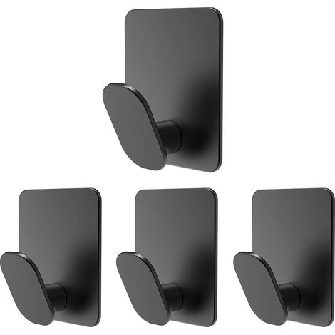 Lot de 4 crochets de salle de bain, acier inoxydable, fixation avec ruban adhésif, résistance jusqu'à 3 kg, salle de bain, niveau, derrière les portes, surfaces lisses, balcons, etc., noir (1/5)