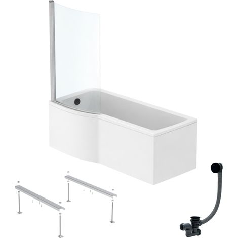 IDEAL STANDARD Connect Air, conjunto de bañera/ducha izquierda de 170 x 80 cm + delantal + mampara fija + patas + desagüe, negro mate.