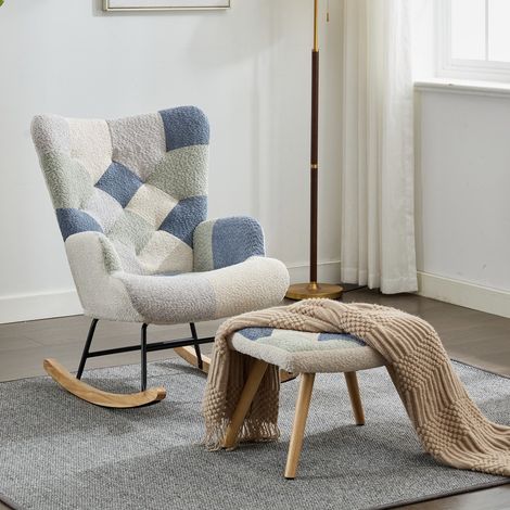 Fauteuil à bascule relax - 122x68x91 cm - Avec repose-pieds pied-de-poule tissu pieds bois et métal - Beige et bleu (1/5)