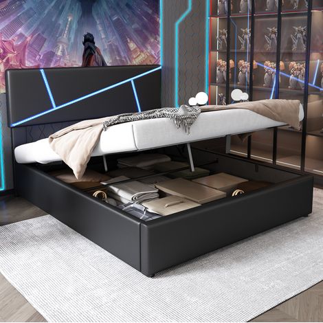 CHICFURN Cama de 140x200 cm en PU negro con LED y almacenaje hidráulico, sin colchón (1/5)