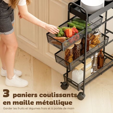 Chariot de rangement à 4 niveaux, avec roulettes pour un déplacement facile, 3 paniers coulissants, panier supérieur 19 x 43,2 x 80 cm, noir (1/5)