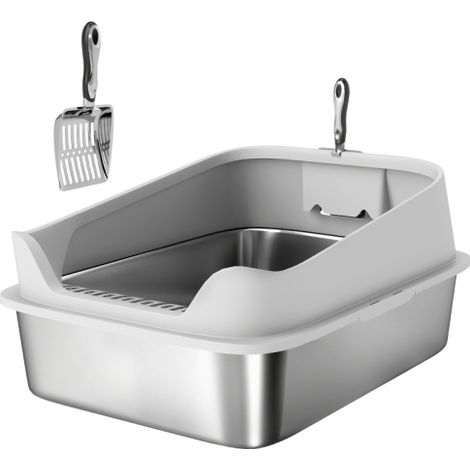 Arenero abierto de acero inoxidable con pala, laterales altos, para gatos grandes de hasta 12 kg, 69,8 x 50,3 x 29,8 cm, gris, disponible en el sitio. (1/5)