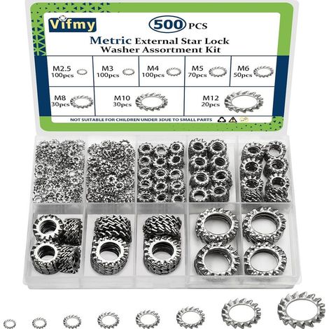 Assortiment de rondelles de blocage à dents externes Vifmy (paquet de 500), rondelles étoiles externes métriques en acier inoxydable 304 M2,5 M3 M4 M5 M6 M8 M10 M12 (1/5)