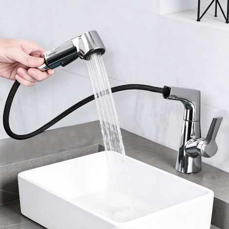 Badarmatur mit herausziehbarer Brause, Ultrixe 2 Strahlarten, anhebbare Waschtischarmatur, geeignet für Waschbecken, heißes und kaltes Wasser, Silber