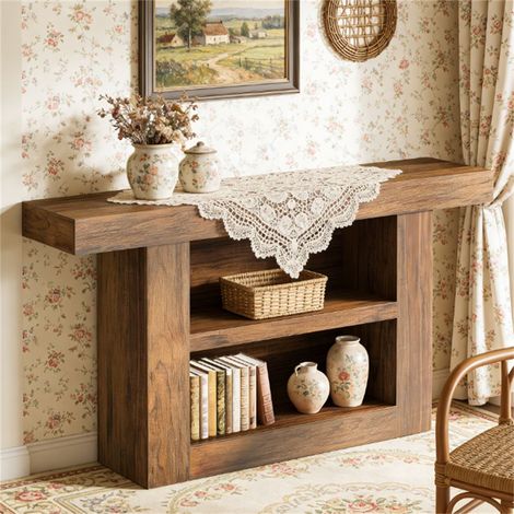 Console de 160 cm avec 3 étagères, style rustique, idéale pour l'entrée et le salon, finition marron. (1/5)