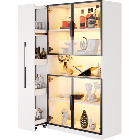 CHICFURN Vitrina alta blanca con LED y color cambiante, 110x35x160 cm, mueble auxiliar multifunción con estantes extraíbles, cajones y anti-vuelco para salón y cocina (1/5)