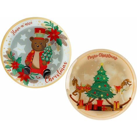 Piatti di Natale in vetro a forma rotonda con fantasia natalizia vintage, adatti al contatto diretto con alimenti, set da 4 pezzi, Ø 30 cm