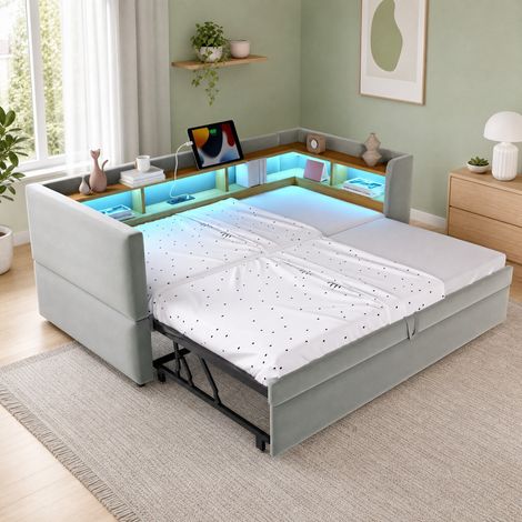 Divano letto 90/180x190 cm con LED e vani, grigio chiaro, legno, senza materasso FloraGrace (1/5)