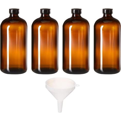 Flacons de Réactif Couleur Aléatoire Marron Lot de 4 en Verre Borosilicaté 500ml Étanches et Résistants aux Chocs, avec 1 Entonnoir pour Laboratoire ou École (1/5)