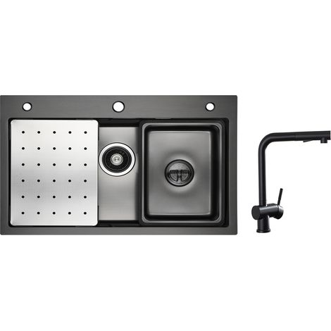 Lavello 1 Vasca Antracite 70×45 cm con Gocciolatoio, Vaschetta e Dosatore Sapone + Rubinetto Cucina con Doccetta Estraibile, Miscelatore Lavello Nero (1/5)