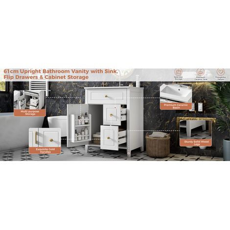 Mobile bagno freestanding 61 cm bianco con lavabo in ceramica, MDF, maniglie oro (1/5)