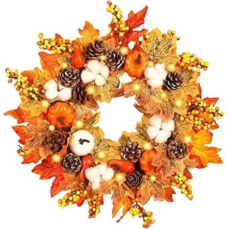 Couronne de Citrouille Artificielle en Feuille d'érable pour Porte d'entrée 45cm Couronne de Feuille d'érable de Thanksgiving, Décorations Murales Porte de Guirlande Noël Halloween Thanksgiving Day（45