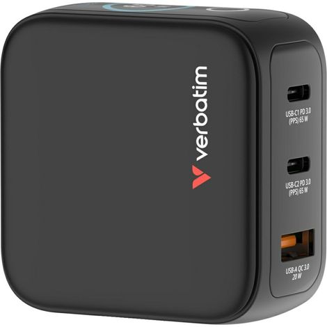Caricabatterie da parete Verbatim Mini GaN 65W con 2 porte USB-C PD/1 porta USB-A QC (compatibile con UE/Regno Unito/Stati Uniti), colore nero, codice 30238. (1/5)
