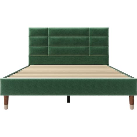 Letto matrimoniale imbottito 140 x 200 cm in velluto verde con testiera e rete a doghe HOMVRA (1/5)