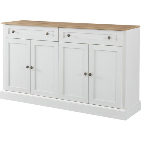 Aparador grande con 4 puertas y 2 cajones 150 x 40 x 86 cm en blanco y madera HOMVRA (1/5)