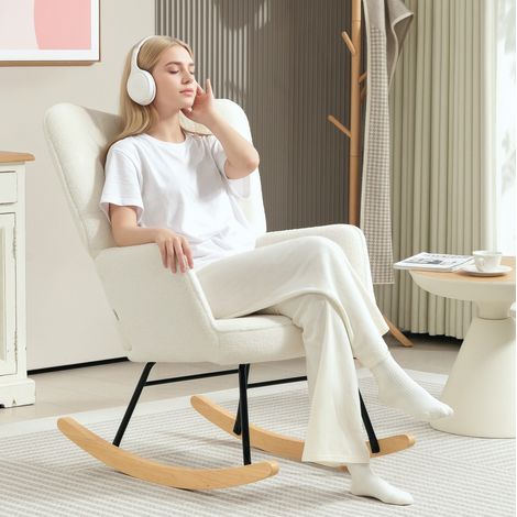 Fauteuil à bascule 71x98x101 cm blanc en polyester avec accoudoirs et dossier capitonné (1/5)