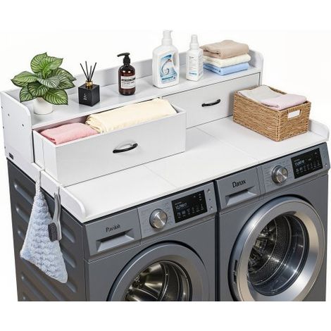 Encimera para Lavadora y Secadora 137 x 69,9 cm, Cubierta Superior de Madera Soporta hasta 113 kg con Ganchos Laterales, 2 Cajones, Estante, Ancha para Lavadero Balcón Baño Cocina, Color Blanco (1/5)
