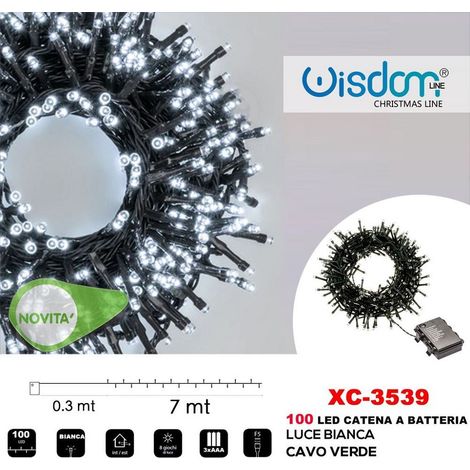 Wisdom - Catena Luminosa 100led Lucciole Con Batteria Cavo Verde Luce Bianca Ip44 Xc-3539 -