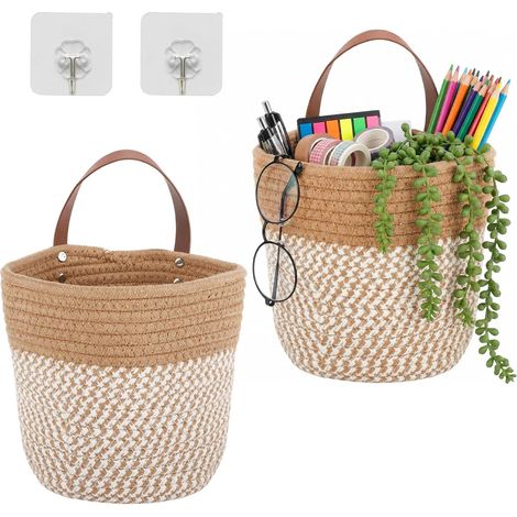 2 Pièces Panier Suspendu, Panier Suspendu en Corde de Coton 16 x 18 cm, Panier Mural avec Anse pour Salle de Bain, Cuisine (1/5)