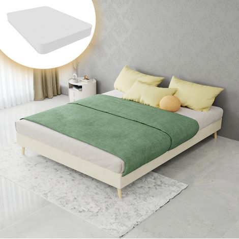 Bett modern aus Stoff und Metall Beige 140x200 cm, niedriges Bettgestell mit Matratze, ohne Kopfteil