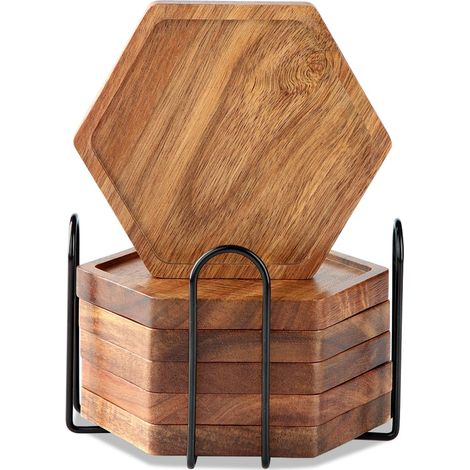 Lot de 6 dessous de verre en bois d'acacia avec support, dessous de verre pour verre, boissons, bar, tasse, vase, cadeau (1/5)