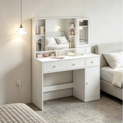 Toeletta con specchio LED 108x40x139 cm, armadio portagioielli, prese e USB, ripiani regolabili, legno vetro bianco (1/5)