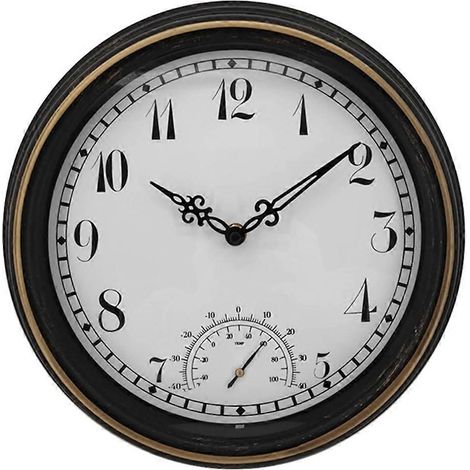 Horloge murale extérieure étanche avec thermomètre, indice d'étanchéité IP44, horloge de jardin ronde rétro, 30 cm (12 pouces). (1/5)
