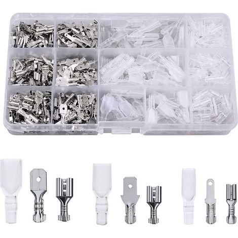 480 Pièces Cosse Electrique, 2.8mm/ 4.8mm/ 6.3mm Fil Terminal À Sertir, douilles plates, Connecteurs mâles et femelles avec Manchons Isolants，argent