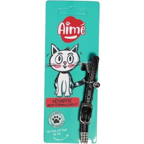 Collare per gatto AIME regolabile 18-28 cm, nylon nero con strass e campanella (1/4)