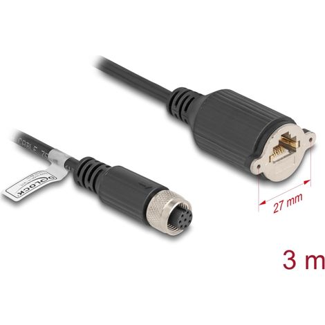 Delock Cable M12 Codificado A de 8 pines hembra a RJ45 hembra para instalaciÃ³n Cat.5e FTP 3 m negro